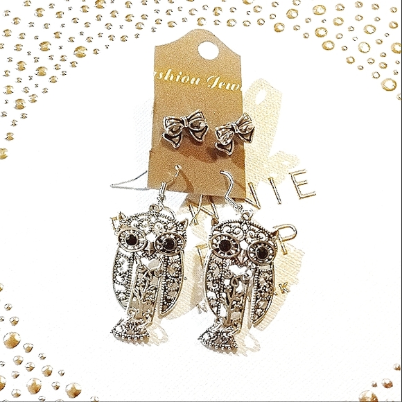 Cute Silver Owl Dangle Earrings & A Darling Pair Of Silver Ribbon Stud Earrings - Picture 4 of 8